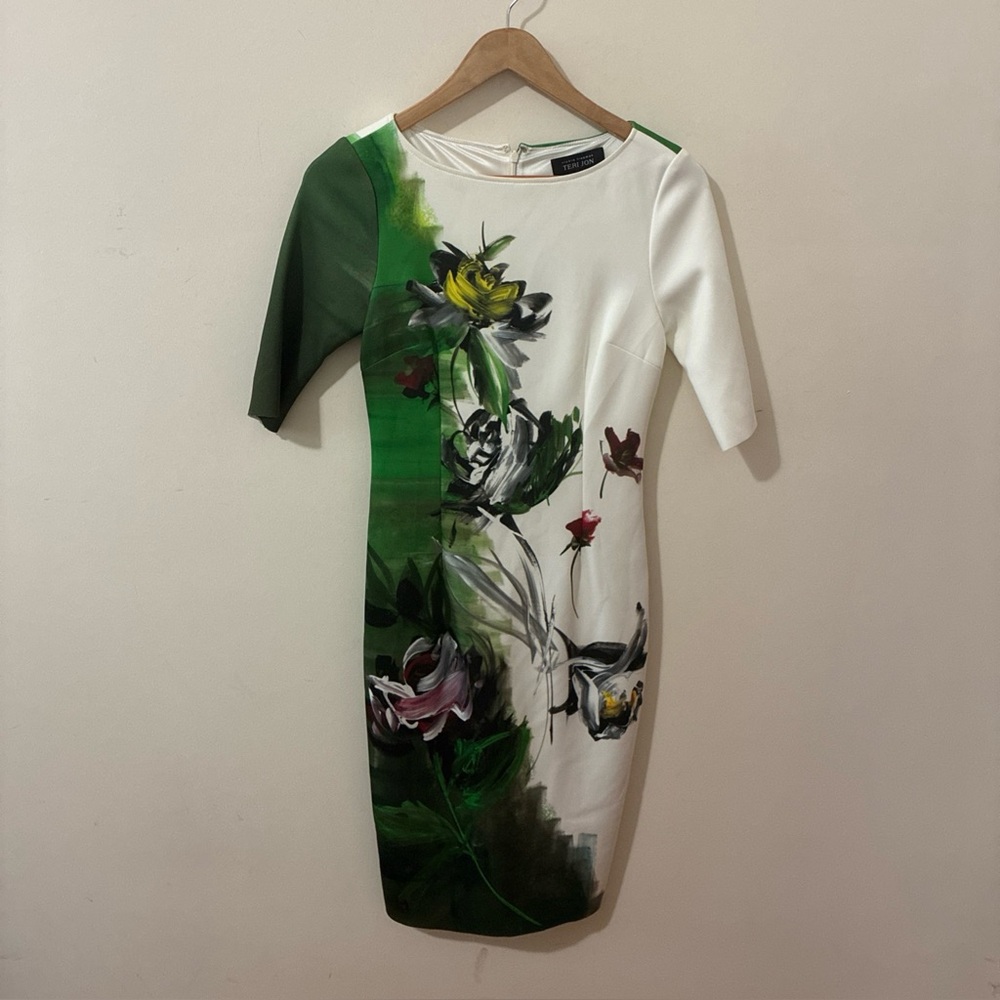 Rickie Freeman Teri Jon Floral Sculpted Watercolor Strech Midi Cocktail Dress, 2
